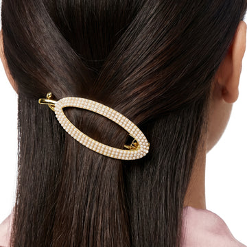 PRAO Hair Claw Clip Anti-Tarnish Oval Barrette Adorned With White Faux Pearls