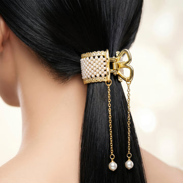 PRAO Hair Claw Clip Anti-Tarnish Pearl Encrusted With Tassel Drop
