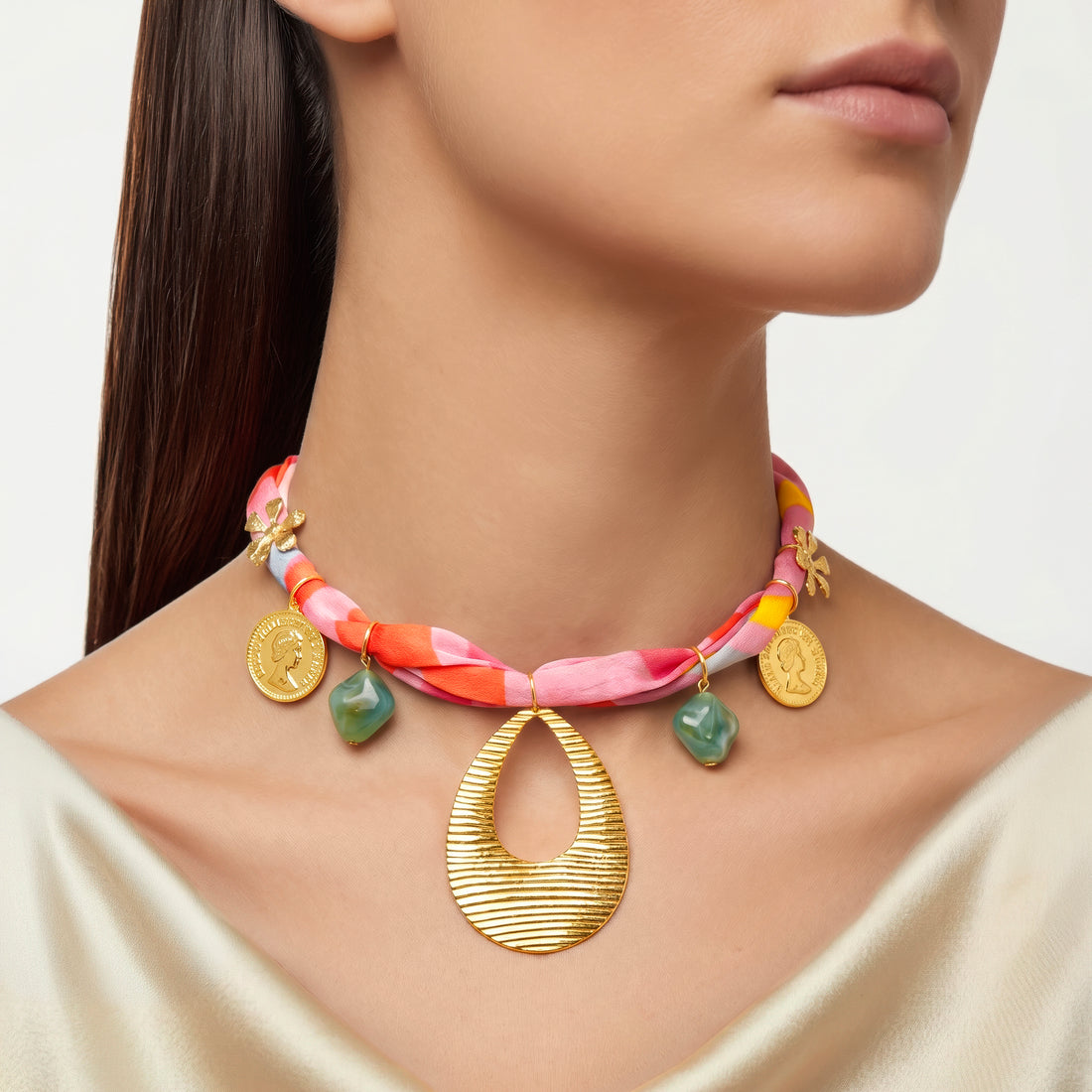 PRAO Necklace Anti-Tarnish Printed Fabric With Teardrop Pendant & Green Beads