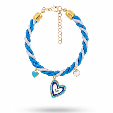 PRAO Anti-Tarnish Blue & White Cord Anklet-Cum-Bracelet With Heart Charms (Adjustable Size)