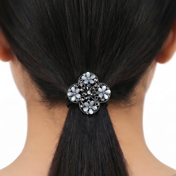 PRAO Hair Tie Ornate Floral Blue Grey Rhinestone Flower Charm Black Elastic