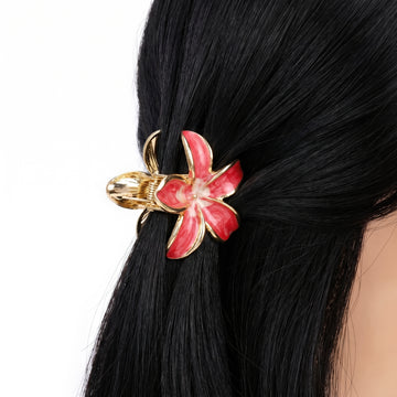 PRAO Hair Claw Clip Anti-Tarnish Dark Pink Five Petal Enamel Flower Pin