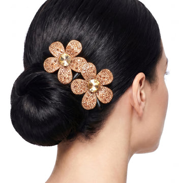 PRAO Hair Comb Sparkling Floral Pair Pavé Crystal Champagne Center Stone