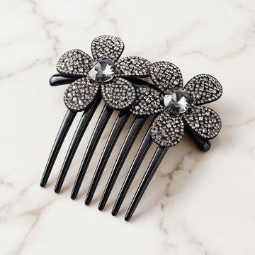 PRAO Hair Comb Sparkling Black Smokey Floral Pair Pavé Crystal Center Stone