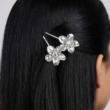 PRAO Hair Pin Anti-Tarnish Floral Pin Pair Textured Petals Rhinestone Center