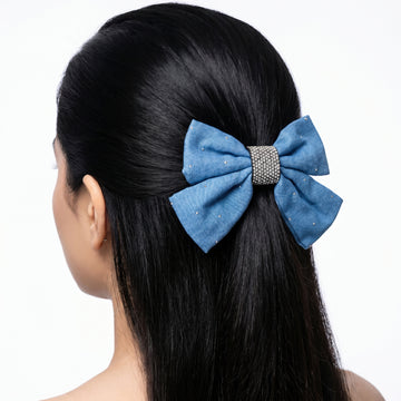 PRAO Hair Clip Anti-Tarnish Light Denim Bow Rhinestone Center Band
