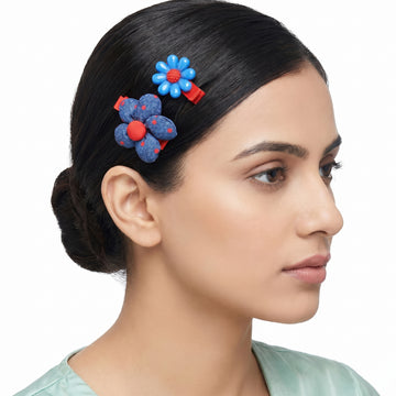 PRAO 2 Hair Clip Anti-Tarnish Blue Flower Pair Plastic Fabric Red Polka Dot