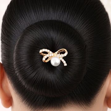 PRAO Bun Pin Anti-Tarnish Crystal Bow Faux Pearl