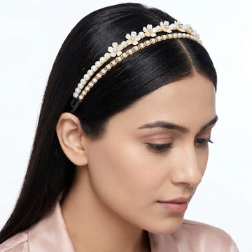 PRAO Hairband Anti-Tarnish Double Line Pearl Floral