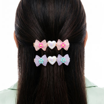 PRAO 2 Hair Clip Anti-Tarnish Pastel Peach Purple Pair Flower Heart Accent