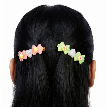 PRAO 2 Hair Clip Anti-Tarnish Pastel Pink Lime Resin Bow Pair Flower Center Iridescent Heart Accent