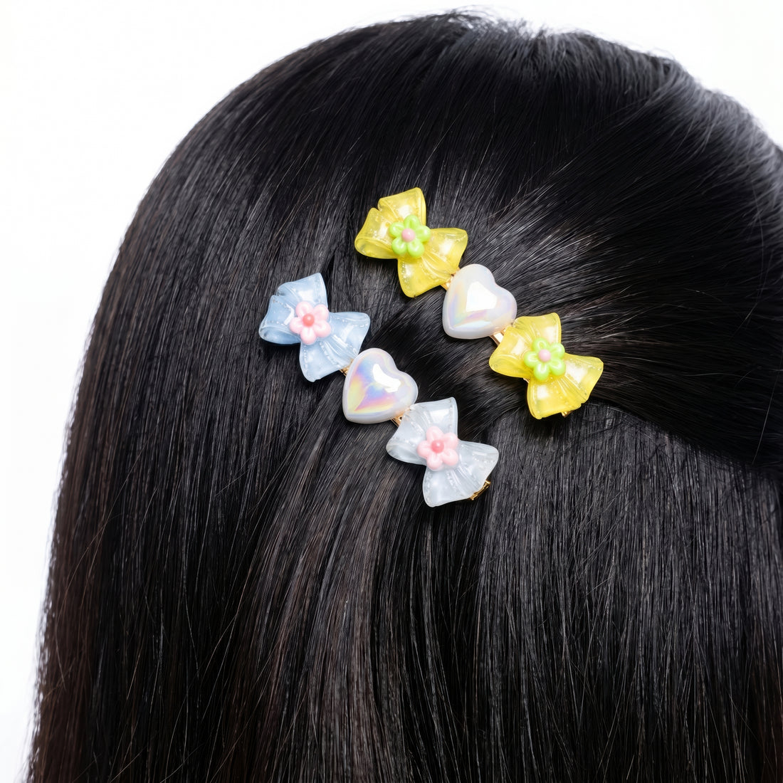 PRAO 2 Hair Clip Anti-Tarnish Yellow Pastel Blue Resin Bow Pair Flower Center Iridescent Heart Accent