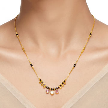 PRAO Necklace Anti-Tarnish Pink Crystal Stone Charm Black Bead Mangalsutra