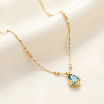 PRAO Necklace Anti-Tarnish Blue Teardrop Crystal Pendant Beaded Spacer Chain