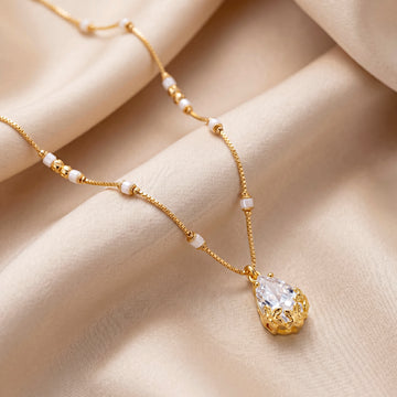 PRAO Necklace Anti-Tarnish White Bead Teardrop Crystal Chain