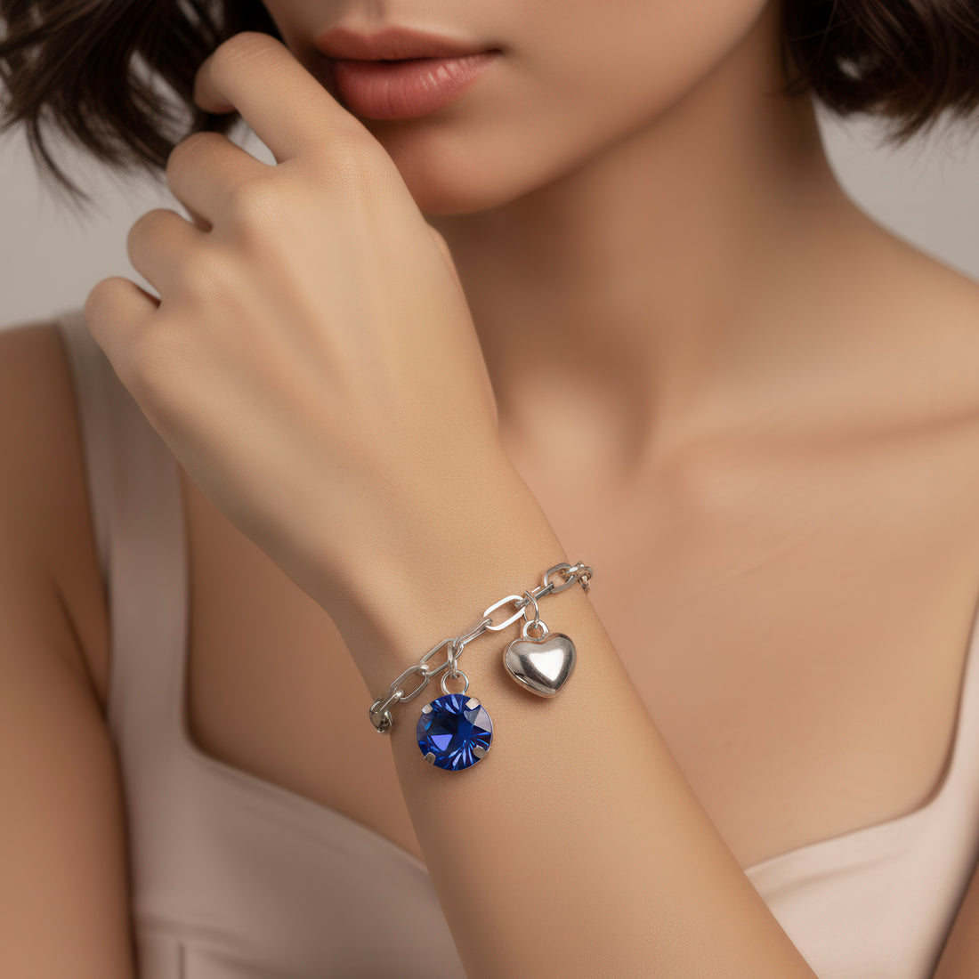 PRAO Anti-Tarnish Crystal & Heart Charm Bracelet (Adjustable Size)