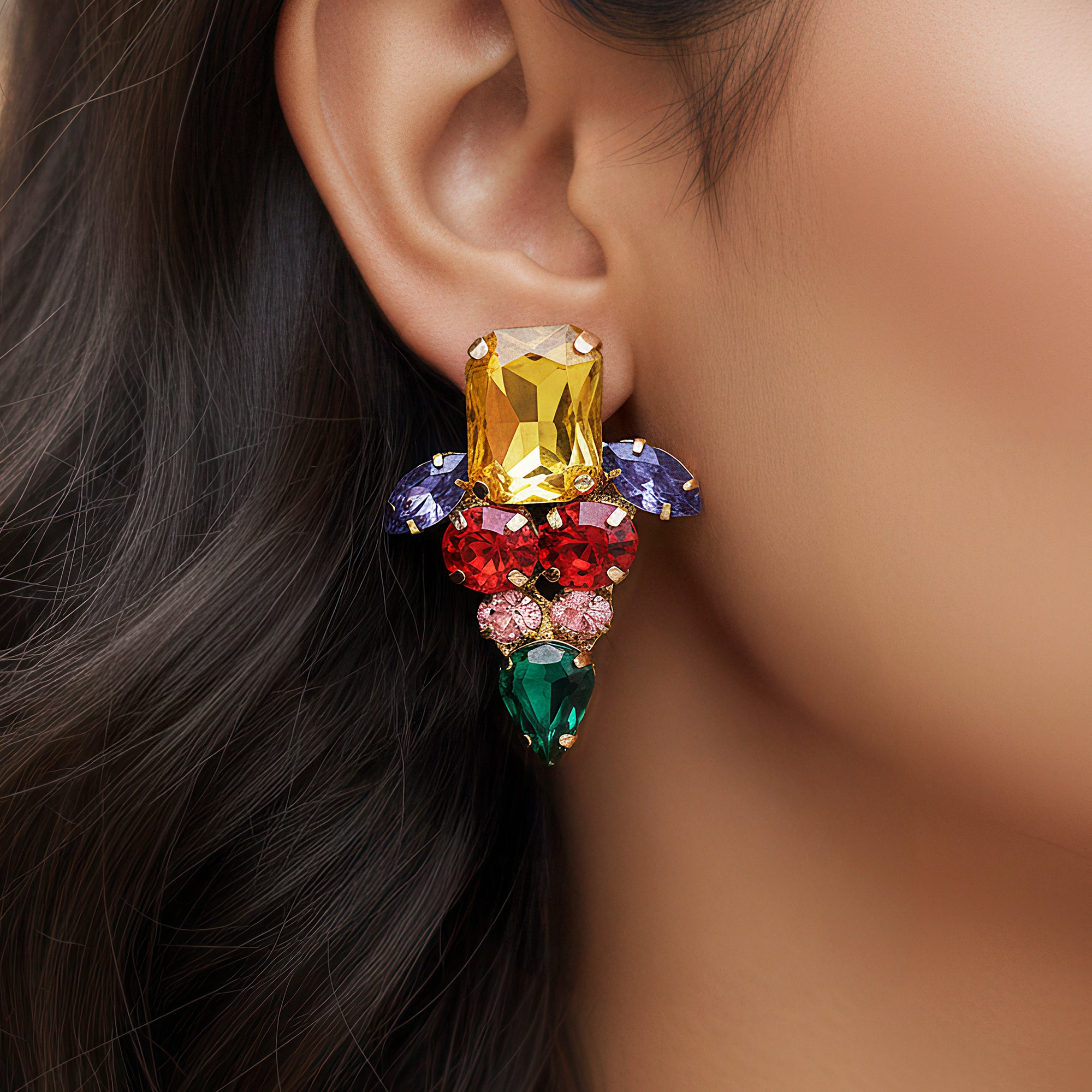 PRAO Anti-Tarnish Multi-Color Triangle Statement Earrings
