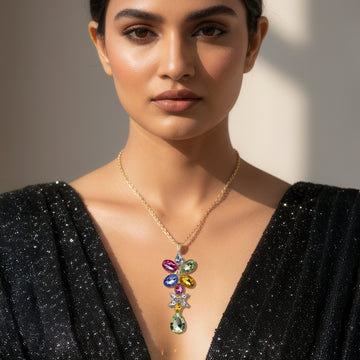 PRAO Anti-Tarnish Multi-Color Flower Design Long Pendant Necklace