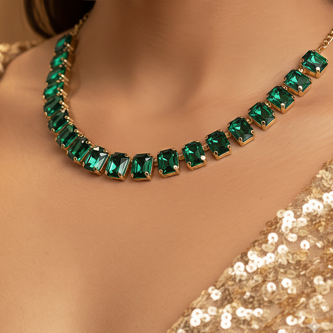 PRAO Single-Line Emerald Necklace Set With Earrings