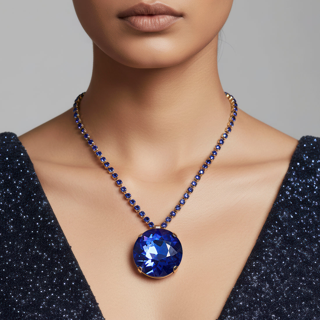 PRAO Anti-Tarnish Round Crystal Pendant Necklace Set with Earrings