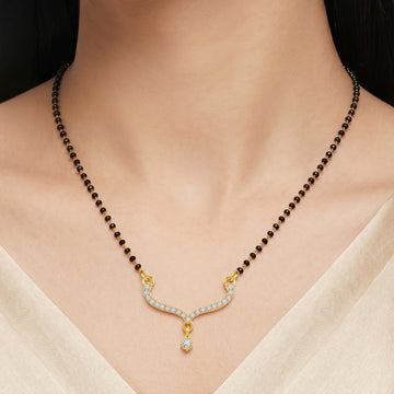 PRAO Necklace Anti-Tarnish Curved Rhinestone Mangalsutra Featuring Alternating Black And Gold Beads