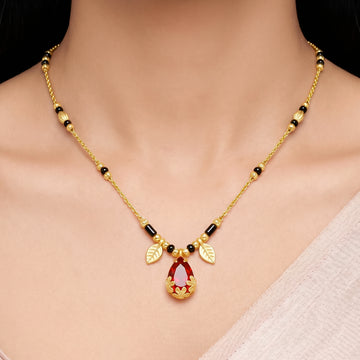 PRAO Necklace Anti-Tarnish Black Beads With Gold Leaf And Ruby Teardrop Pendant