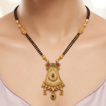 PRAO Necklace Anti-Tarnish Ornate Mangalsutra Pendant With Filigree Work And Colorful Stones On Black Beads Chain