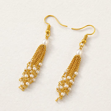 PRAO Earrings Anti-Tarnish Multi-Strand Dangles With White Pearl Beads