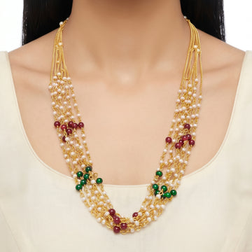 PRAO Necklace Anti-Tarnish Multi-Strand  With Red, Green And Pearl Beads