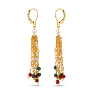 PRAO Earrings Anti-Tarnish Multi-Strand Dangles With Red, Green And Pearl Beads