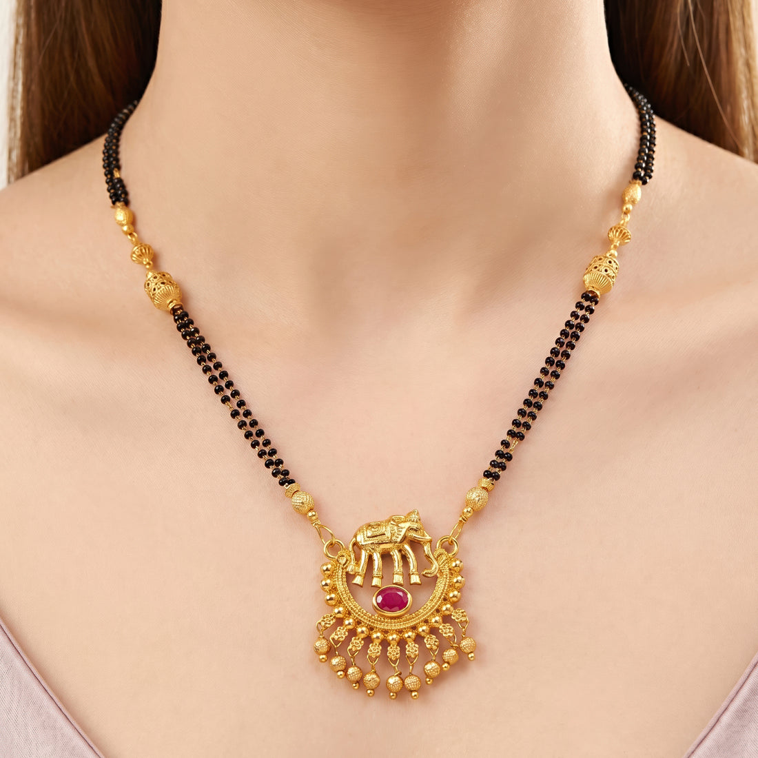 PRAO Necklace Anti-Tarnish Elephant Motif Mangalsutra Pendant With Ruby-Pink Stone And Black Beads