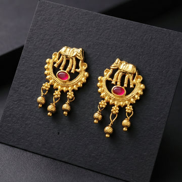 PRAO Earrings Anti-Tarnish Elephant Drop With Pink Stone And Gold Beads