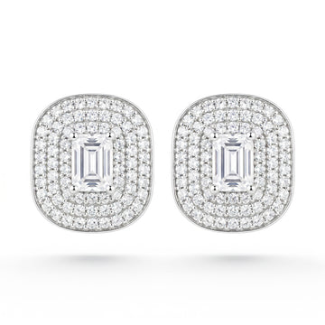 PRAO Earrings Anti-Tarnish Halo Studs With Emerald-Cut Stone