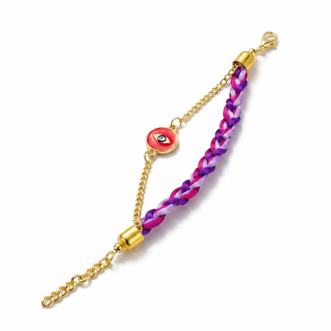 PRAO Bracelet Anti-Tarnish Double-Layer Purple Braided Design With Red Evil Eye Charm (Adjustable Size)
