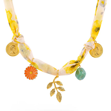 PRAO Necklace Anti-Tarnish Sunflower Print Fabric With Enamel Flower, Coin & Bead Charms