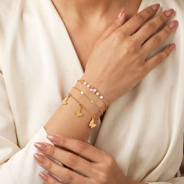 PRAO 3 Bracelet Anti-Tarnish Trio With Butterfly Charms And Lilac Beads (Adjustable Size)