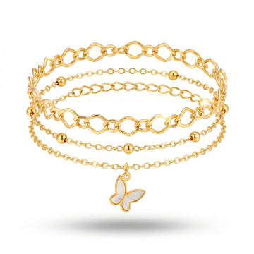 PRAO 3 Bracelet Anti-Tarnish Butterfly, Bead Chain, And Link Design (Adjustable Size)