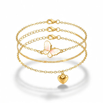 PRAO 3 Bracelet Anti-Tarnish Chain With Butterfly Connector And Heart Charm (Adjustable Size)