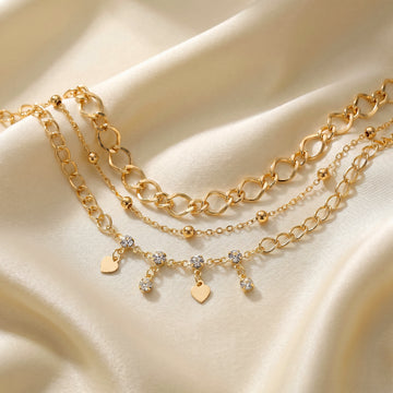 PRAO 3 Bracelet Anti-Tarnish Wavy Link, Heart, Crystal, And Gold Beads (Adjustable Size)