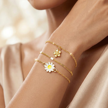 PRAO 3 Bracelet Anti-Tarnish Layered With Daisy And Floral Pendant (Adjustable Size)