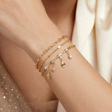 PRAO 3 Bracelet Anti-Tarnish Three Chain With Link And Dangling Charms. (Adjustable Size)