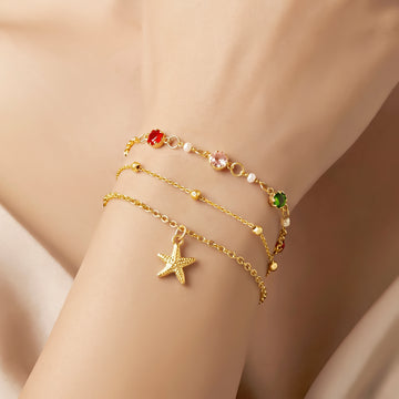 PRAO 3 Bracelet Anti-Tarnish Three-Strand With Starfish Charm And Bead Accents (Adjustable Size/Color May Vary)
