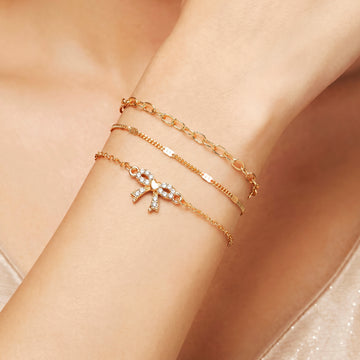 PRAO 3 Bracelet Anti-Tarnish Three-Piece Set With Rhinestone Bow Charm (Adjustable Size)