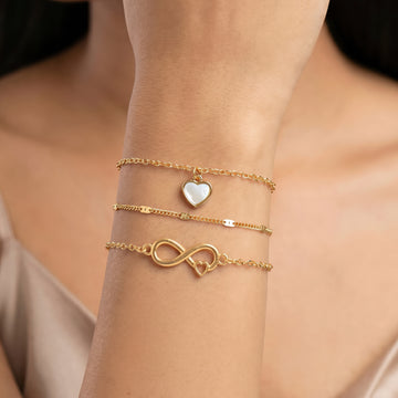 PRAO 3 Bracelet Anti-Tarnish Chain Set With Infinity And Heart Charms (Adjustable Size)
