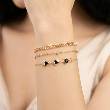 PRAO 3 Bracelet Anti-Tarnish Layered Set With Heart Charm And Cuban Link (Adjustable Size)