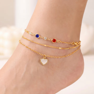PRAO 3 Anklet Anti-Tarnish Three Set With Gemstones And Heart Pendant (Color May Vary)