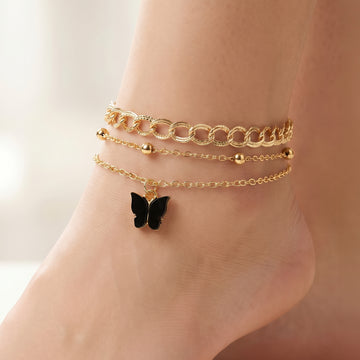 PRAO 3 Anklet Anti-Tarnish Layered Set With Butterfly Pendant (Color May Vary)