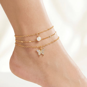 PRAO 3 Anklet Anti-Tarnish Layered Trio With Pearl Drop And Butterfly Charm