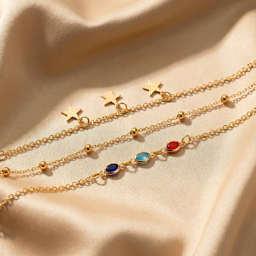 PRAO 3 Anklet Anti-Tarnish Set With Star Charms And Gemstone Accents (Color May Vary)