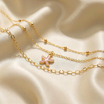 PRAO 3 Anklet Anti-Tarnish Triple-Layered Set With Pink Starfish Charm (Color May Vary)